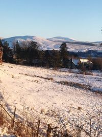 Scenic view of landscape against clear sky during winter