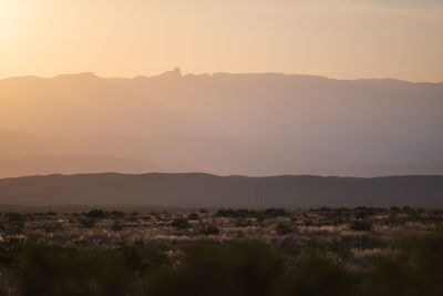 Scenic view of landscape against sky during sunset in big bend national park - texas