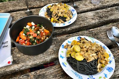 High angle view of meal served on table