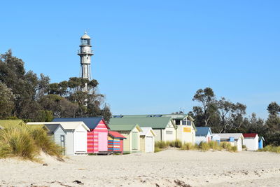 Buildings against clear blue sky