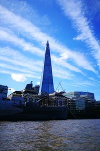 View of buildings by river against blue sky