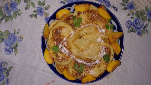 High angle view of breakfast served on table