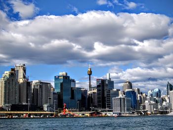 View of cityscape against cloudy sky