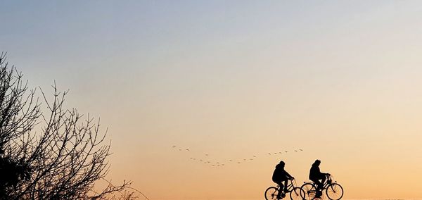 Silhouette people riding bicycle against clear sky during sunset
