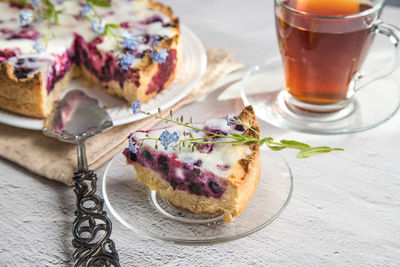 High angle view of dessert in glass on table