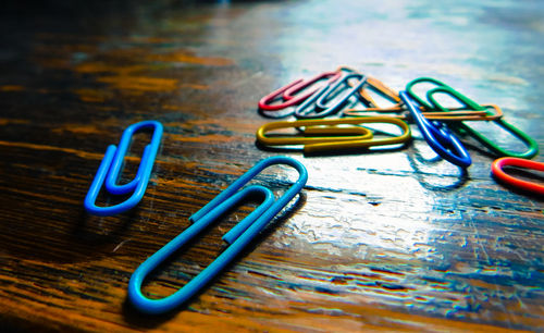 Close-up of multi colored wooden table