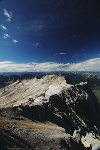 Scenic view of snowcapped mountains against blue sky