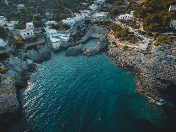 High angle view of sea and rocks