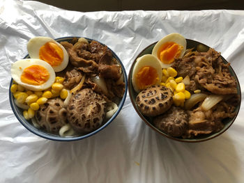 High angle view of food in plate on table