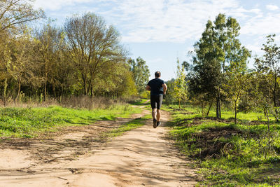 Rear view of man walking on road against trees
