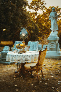 Statue on table in park