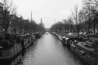 Canal amidst bare trees in city against sky