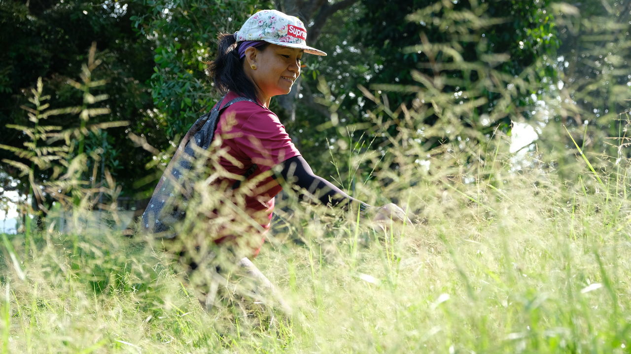 plant, one person, nature, land, grass, growth, hat, tree, field, day, women, childhood, clothing, child, leisure activity, casual clothing, side view, green, female, outdoors, looking, lifestyles, selective focus, meadow, flower, sun hat, three quarter length, person, adult, fashion accessory, sunlight, holding, standing, human face, agriculture