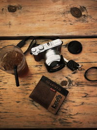 High angle view of old objects on table