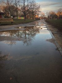 Reflection of bare trees in lake against sky