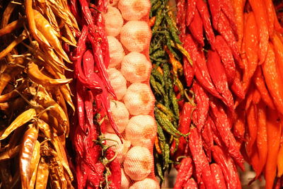 Full frame shot of red chili peppers for sale in market