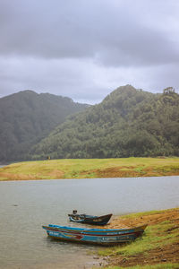 Scenic view of lake and mountains against sky
