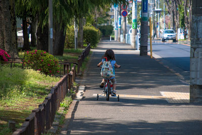 Rear view of girl riding bicycle on sidewalk