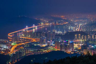 Aerial view of illuminated cityscape against sky at night