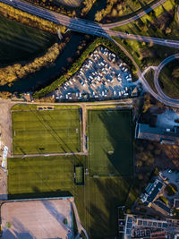 Aerial view of sports courts in city