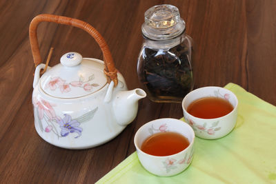 High angle view of tea cup on table