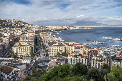 Aerial view of napoli and his gulf with vesuvius in background