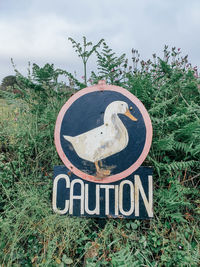 Close-up of sign on field against sky