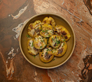 High angle view of food in plate on table