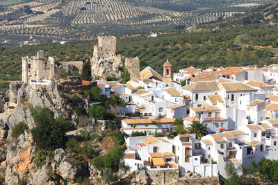 High angle view of fort in town against landscape