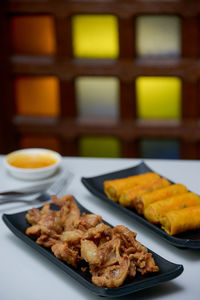 High angle view of breakfast served on table