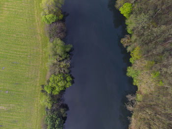 Aerial view of the navia river and its meadows in asturias, spain