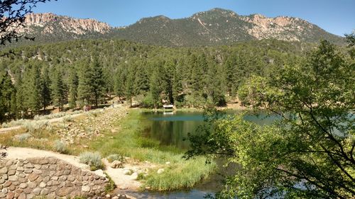 Scenic view of lake and mountains against sky