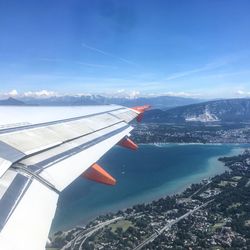 Aerial view of airplane flying in sky