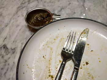 High angle view of food in plate on table