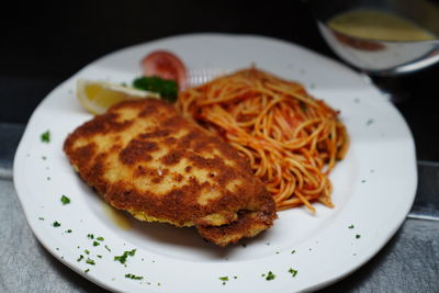 High angle view of food served in plate