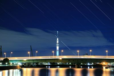 Illuminated bridge over river at night