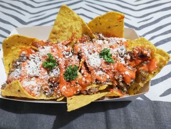 High angle view of food served on table