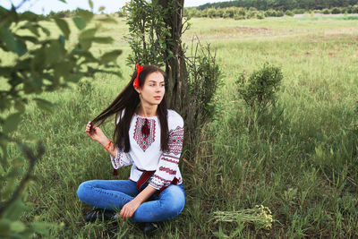 Beautiful caucasian woman in a folk costume person