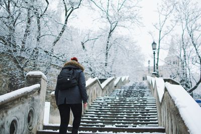 Rear view of woman walking on snow covered bare trees