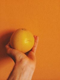 Close-up of hand holding orange fruit