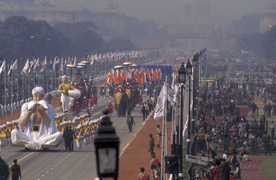 High angle view of people walking on street