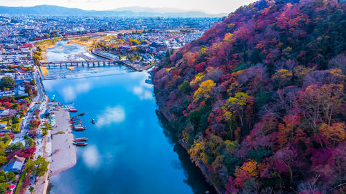 Arashiyama in autumn season along the river in kyoto, japan,  arashiyama, kyoto, japan, asia.