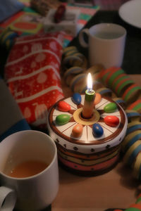 High angle view of tea candles on table