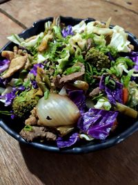 High angle view of food in plate on table