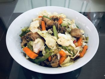 High angle view of food in plate on table