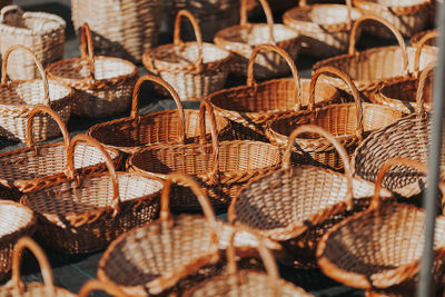 Close-up of wicker baskets for sale