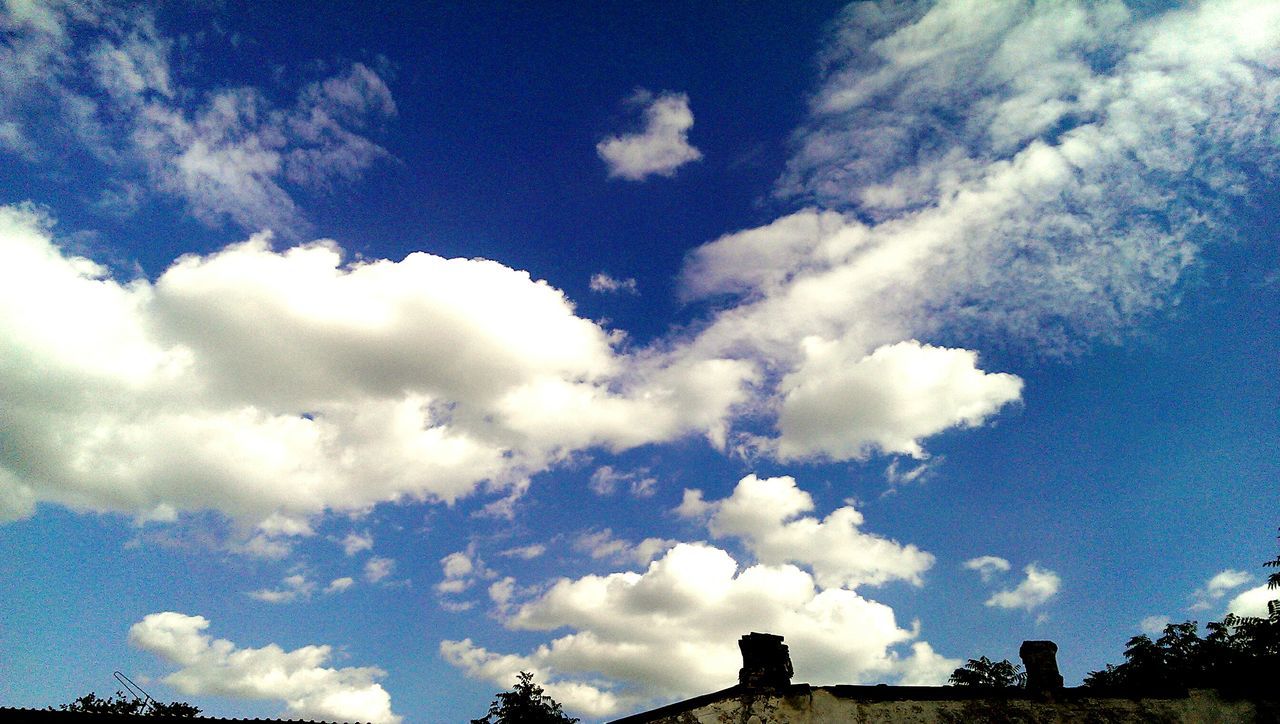 sky, low angle view, cloud - sky, blue, tree, cloud, beauty in nature, cloudy, nature, tranquility, scenics, day, outdoors, tranquil scene, silhouette, built structure, no people, high section, sunlight, cloudscape