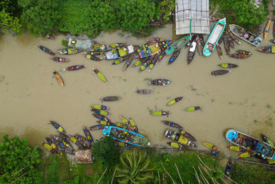 High angle view of floating guava market in bangladesh 