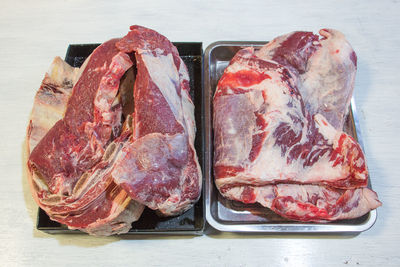 High angle view of meat on table