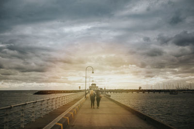 Rear view of man standing on sea against sky